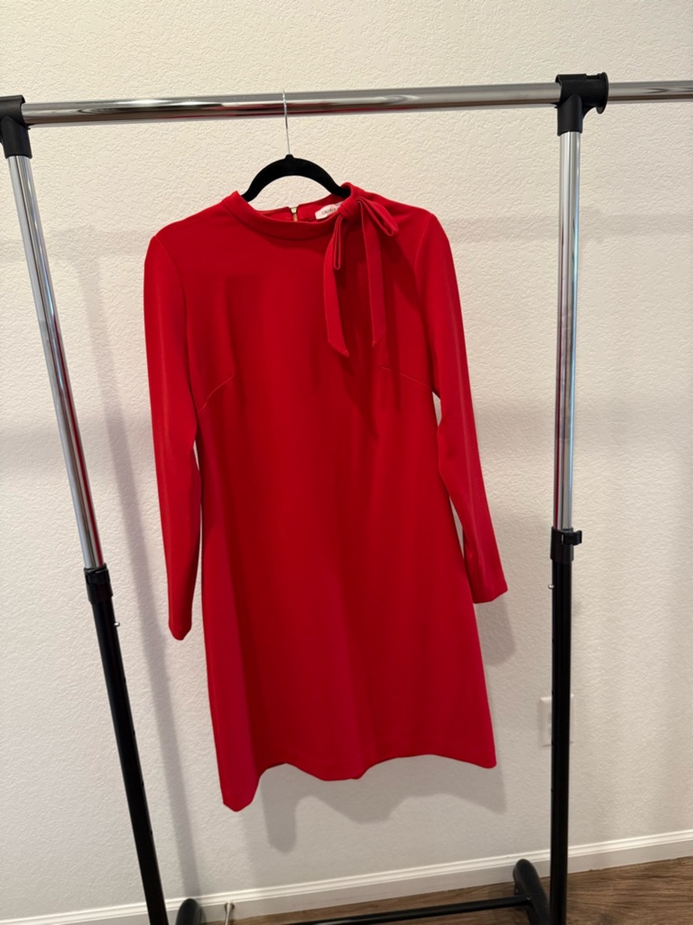 Red Calvin Klein Tie Neck Long Sleeve Shift Dress